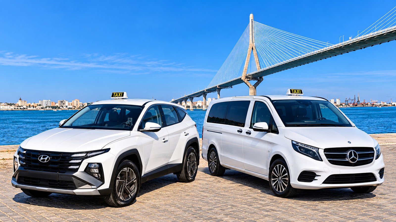 Hyundai Tucson y Mercedes de Taxi Cádiz junto al puente de la Constitución de 1812