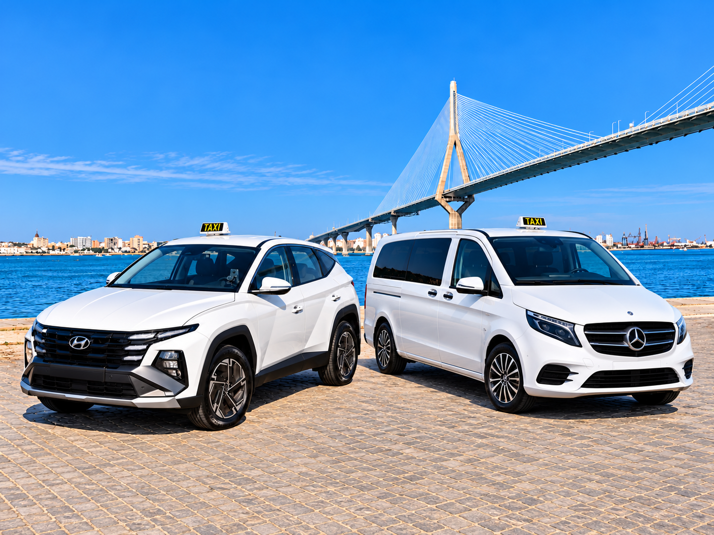 Hyundai Tucson y Mercedes de Taxi Cádiz junto al puente de la Constitución de 1812